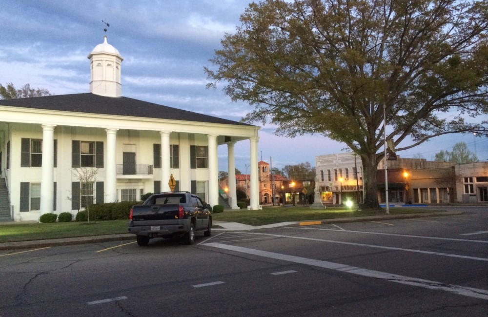 A historic white courthouse building