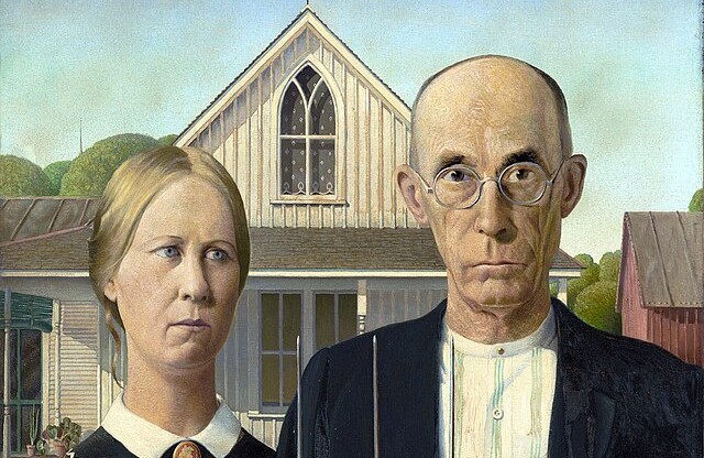 Painting of a Woman and a Man standing together in front of an old farmhouse