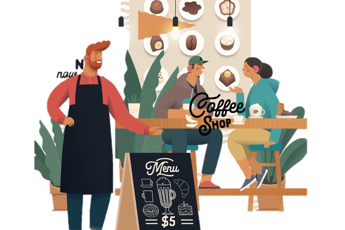 Illustration of people in a coffee shop.