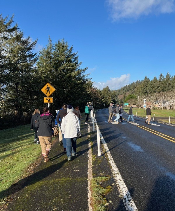 people walking alongside a road on a sunny day