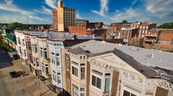 Aerial photo of historic buildings