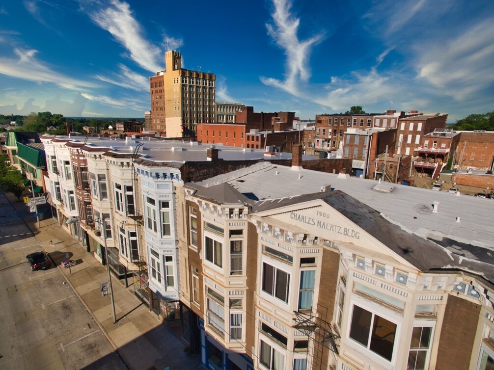 Aerial photo of historic buildings