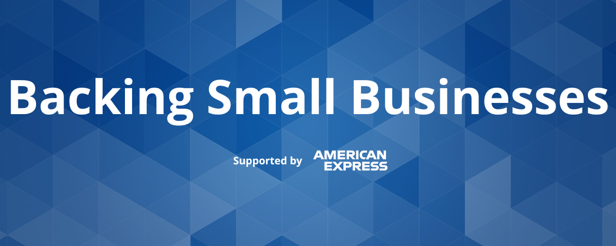Blue background with text reading, "Backing Small Businesses Supported by American Express"