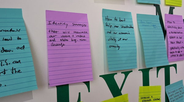 Sticky notes on a wall with reflections from participants in the 2023 community transformation workshop.