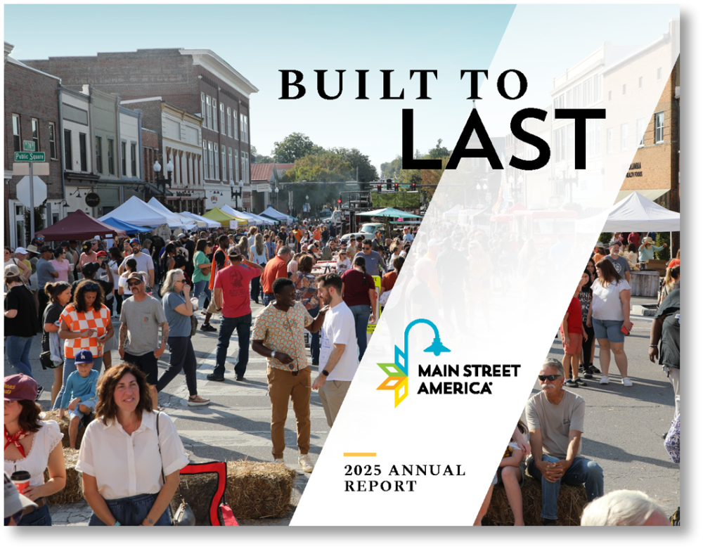 The 2025 Annual Report cover depicts a busy Main Street full of people.