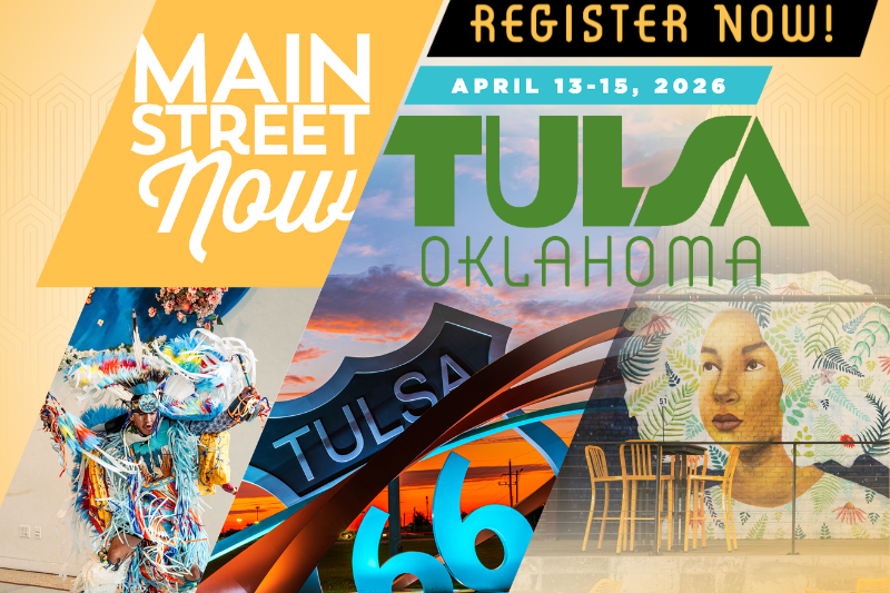Graphic featuring three images (left-right: a Native American dancer, a Tulsa Route 66 sculpture, and a mural depicting a woman) on a light orange background with a black banner with yellow text reading "Register Now!" and the Main Street Now 2026 logo in the upper middle area.