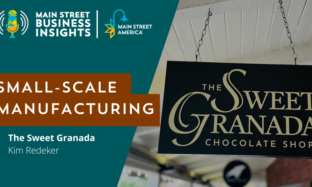 Designed image with photo of sign saying "The Sweet Granada Chocolate Shoo" with the text: Small-Scale Manufacturing The Sweet Granada Kim Redeker Main Street Business Insights Main Street America
