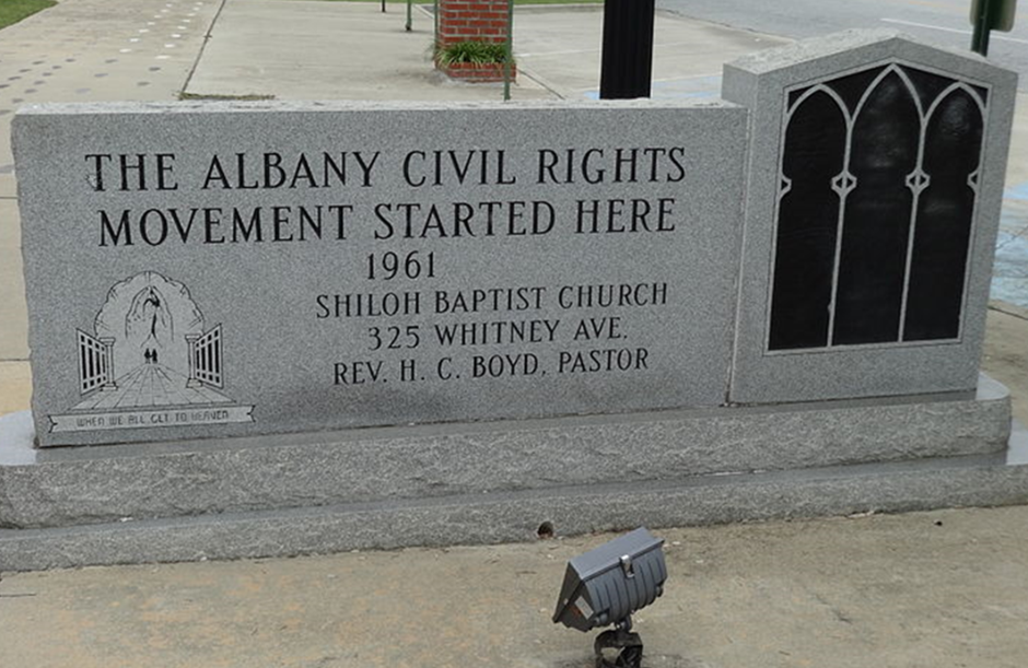 Monument saying "The Albany Civil Rights Movement started here, 1961"